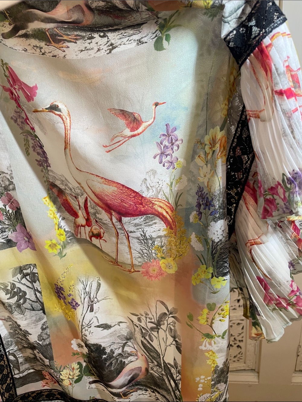 Etro Multi-Color Floral & Bird Print tunic top with Black Lace Trim